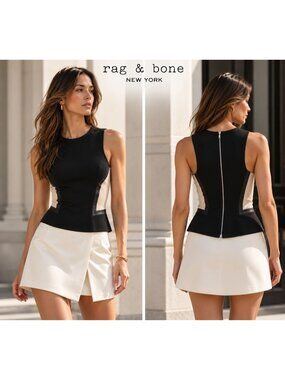 Rag & Bone Black Mesh Lamb Leather Trim Sleeveless Top Size 2 Made in USA